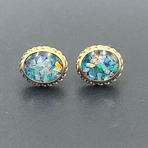Vintage 14K Yellow Gold 585 Oval Opal Stud Earrings TwistedRope Bezel 1.4g